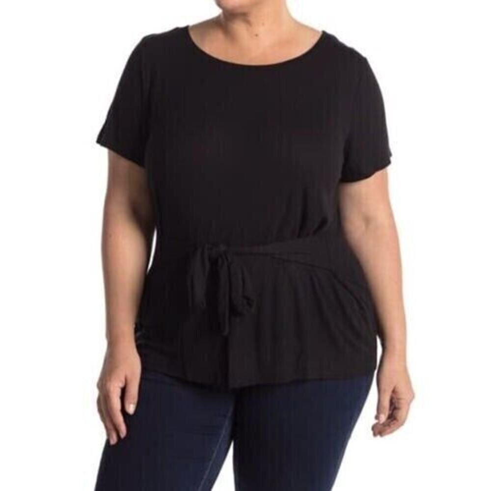 H By Bordeaux Tie Front Fine Ribbed Knit Short Sleeve Tee In Black XL MSRP $58